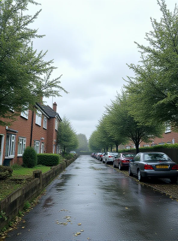 A quiet residential street in Huntington, Cambridgeshire, with houses and trees visible under a cloudy sky.