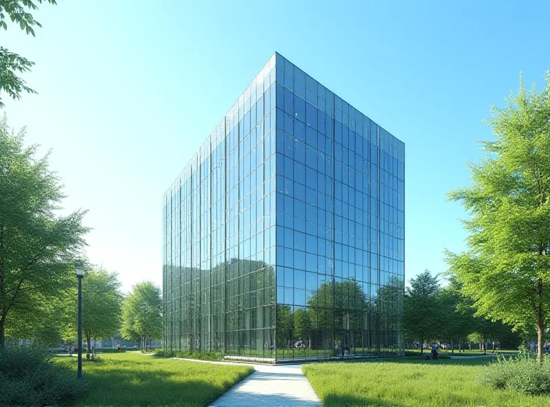 Architectural rendering of modern office building with glass facade.