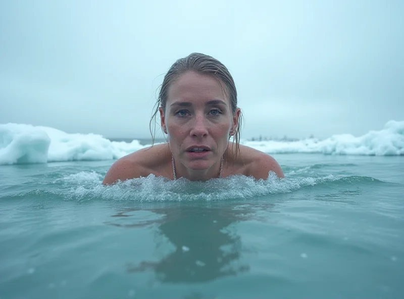 A woman swimming in icy water, surrounded by snow-covered landscape.