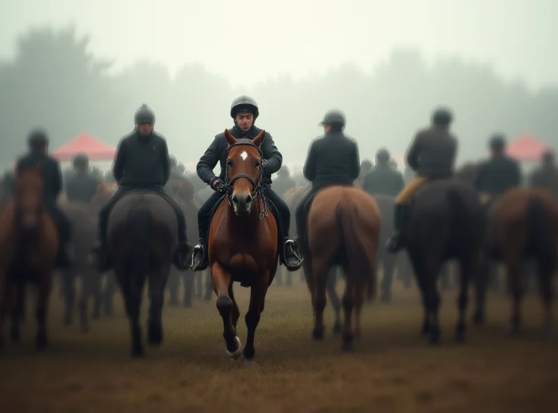 A tense scene at a horse trials event with blurry figures of horses, riders, and spectators in the background.