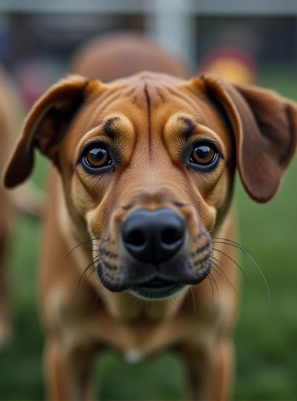 Close-up of a concerned dog looking towards the camera, with a blurred background of a sporting event.