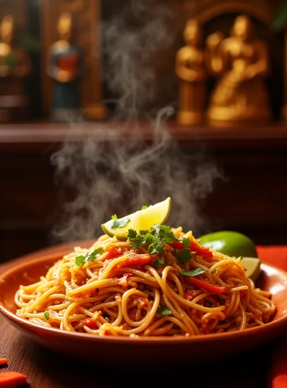 A vibrant photo of a delicious plate of Pad Thai, garnished with peanuts and lime. The dish is served in a traditional Thai restaurant setting with ornate decorations.