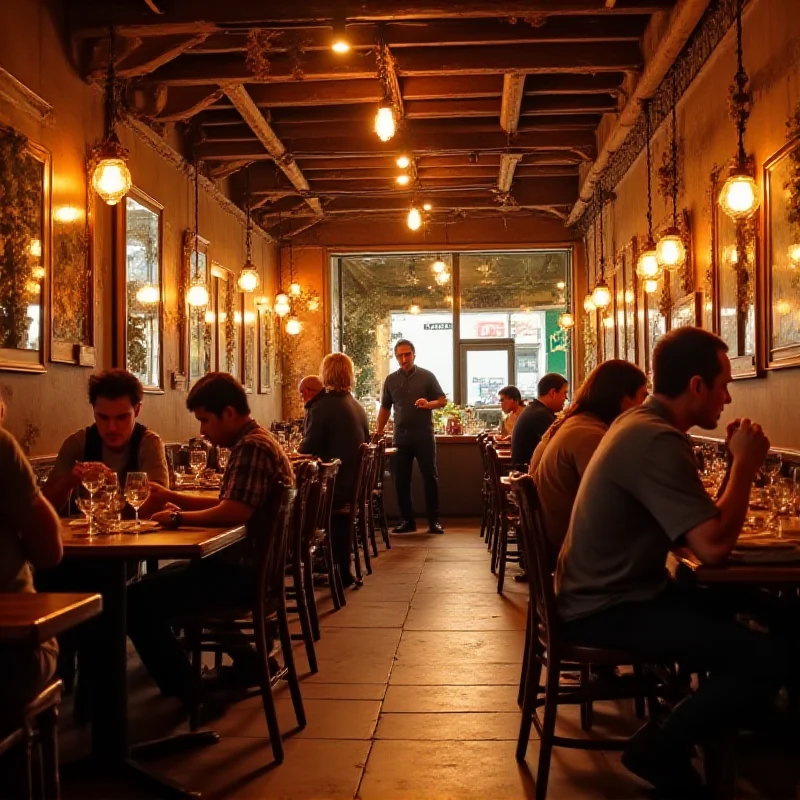 A wide angle shot of the interior of a bustling Thai restaurant in Cambridgeshire. Patrons are seated at tables, enjoying their meals. The atmosphere is warm and inviting.