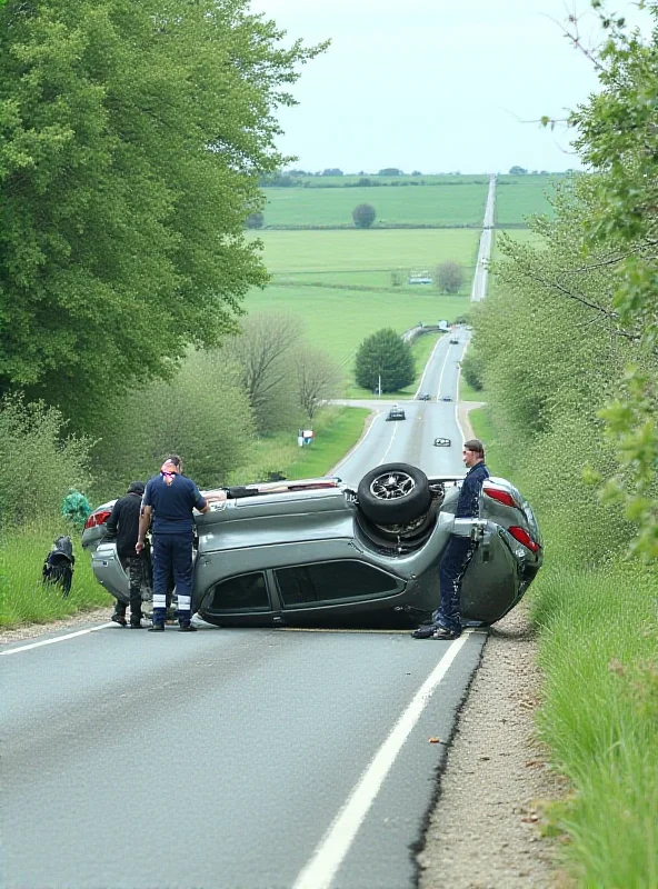 Wrecked car flipped over on its roof on a country road.