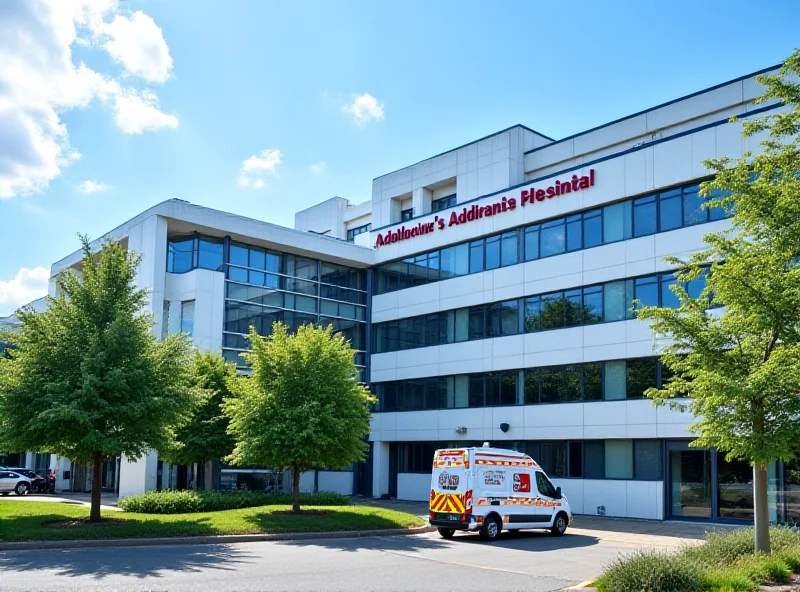 Addenbrooke's Hospital exterior, ambulance parked outside.