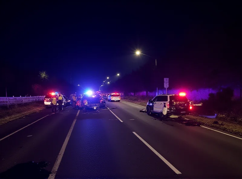 Police car with flashing lights at a crash scene at night.