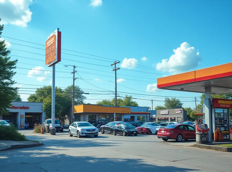 A line of cars waiting at a petrol station with fuel price signs visible.