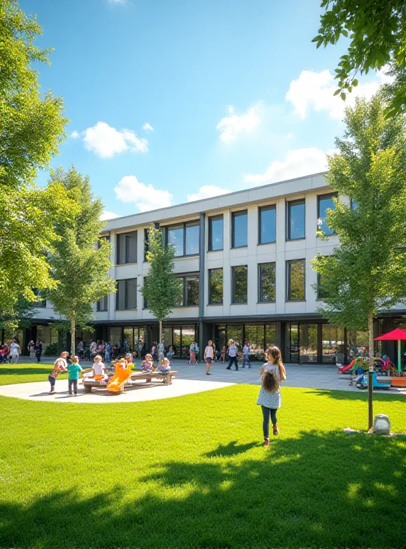 An exterior shot of a modern school building with large windows and a playground in the foreground.