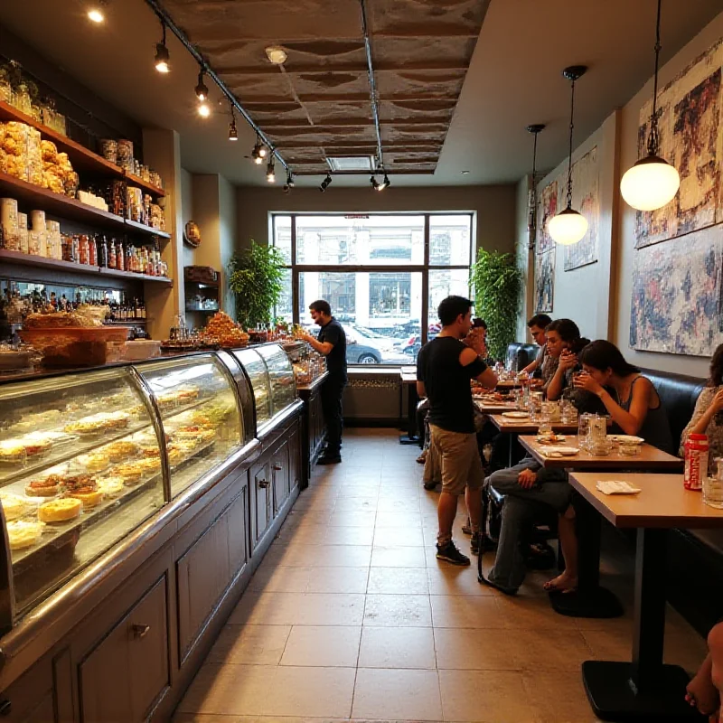 A bright and inviting café interior with displays of pastries and cakes on one side and healthy salads and sandwiches on the other.