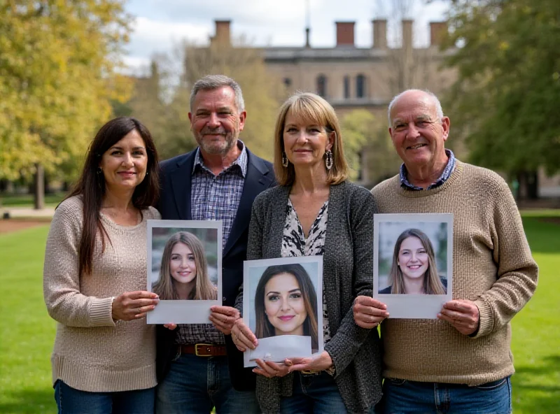 A family stands together, holding photos of a young woman. They are smiling, but there is a sense of sadness in their eyes. The background is a bright, sunny day in Cambridge.