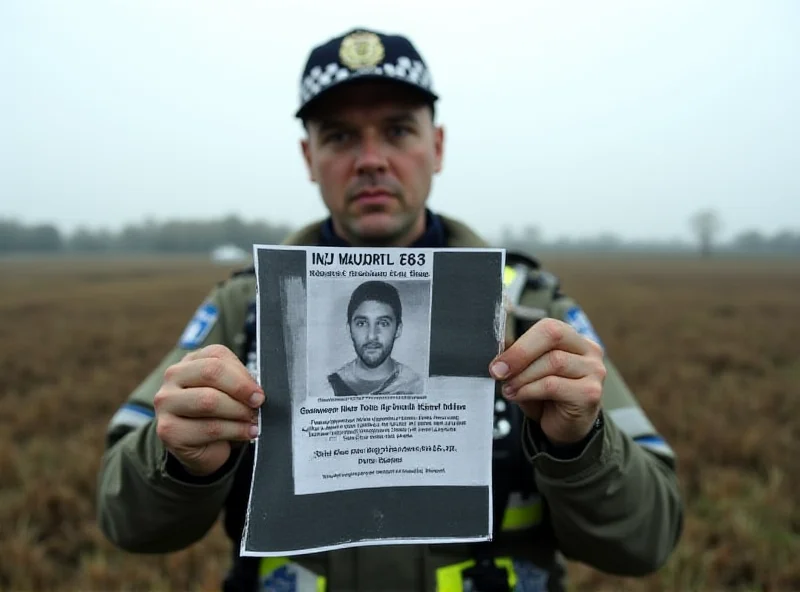 A photograph depicting a police officer holding up a missing person poster for Terry McSpadden in a Cambridgeshire field, with a somber and determined expression.