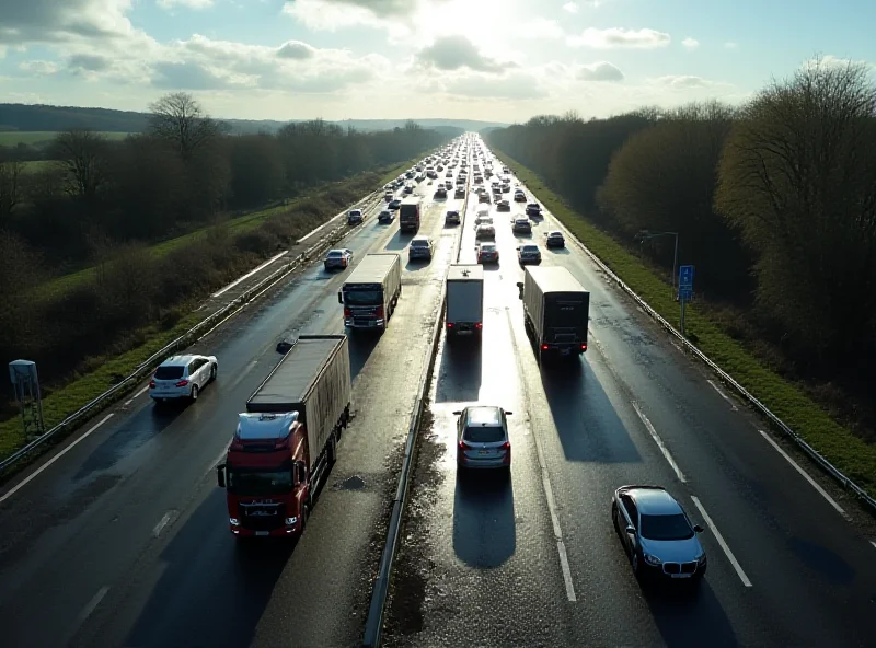 A drone shot of the M11 highway completely blocked with stationary cars and lorries after a major accident. Oil slicks are visible on the road.