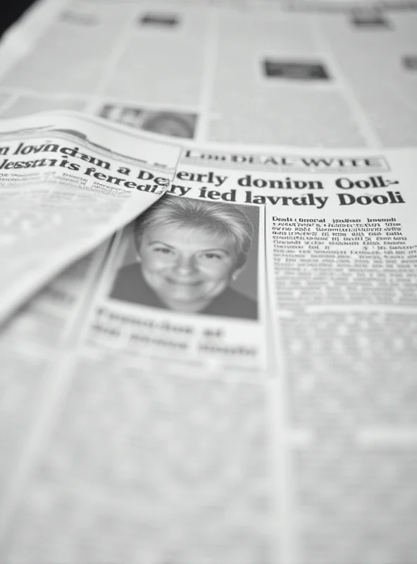 A close-up of a newspaper page featuring death and funeral notices, with a small photograph of a smiling woman and the headline 'Tributes to a dearly devoted loving wife'.