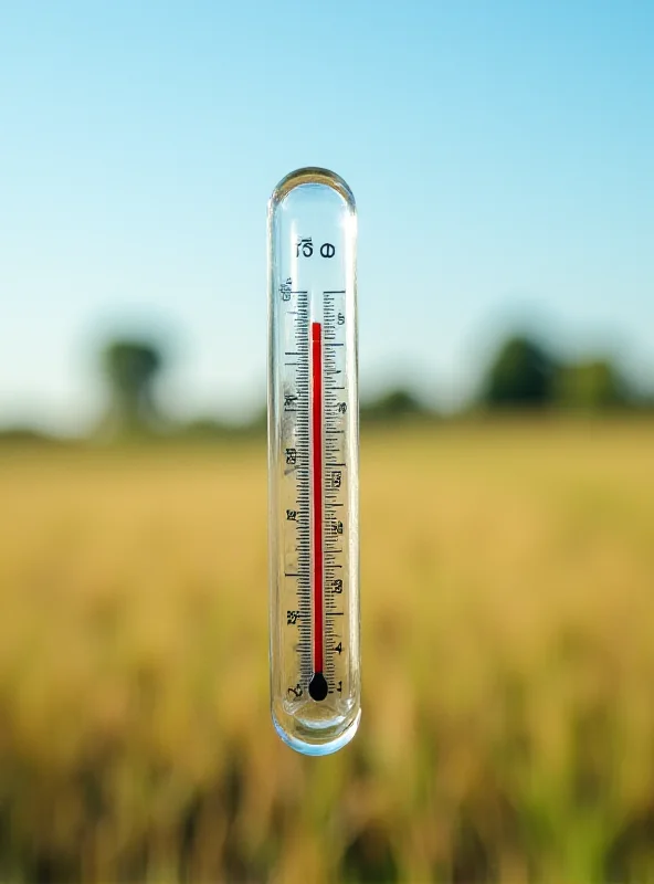 A thermometer showing a very high temperature with a blurred background of a sunny Cambridgeshire landscape.