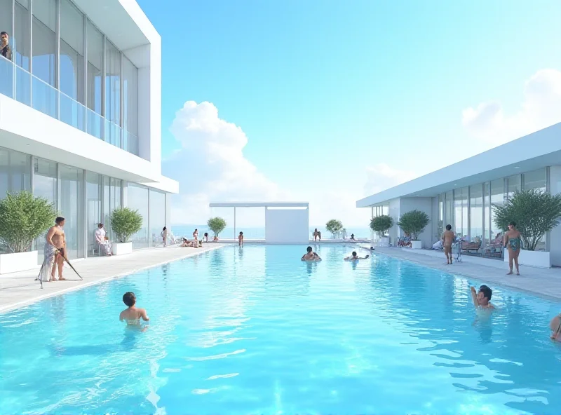 Architectural rendering of a modern swimming pool complex with large windows and a blue sky in the background.