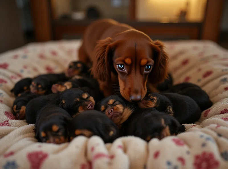 A dachshund dog lying on a blanket surrounded by many puppies.