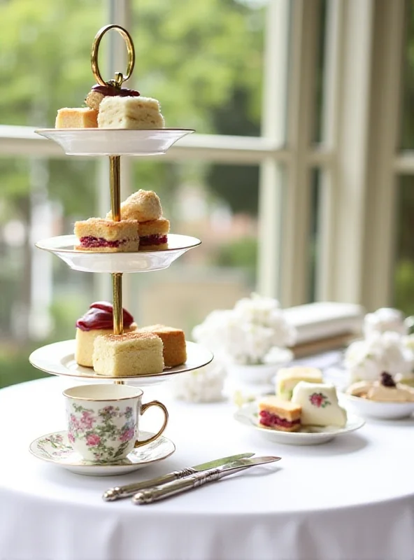 A table set with an elegant afternoon tea, including scones, sandwiches, and pastries.