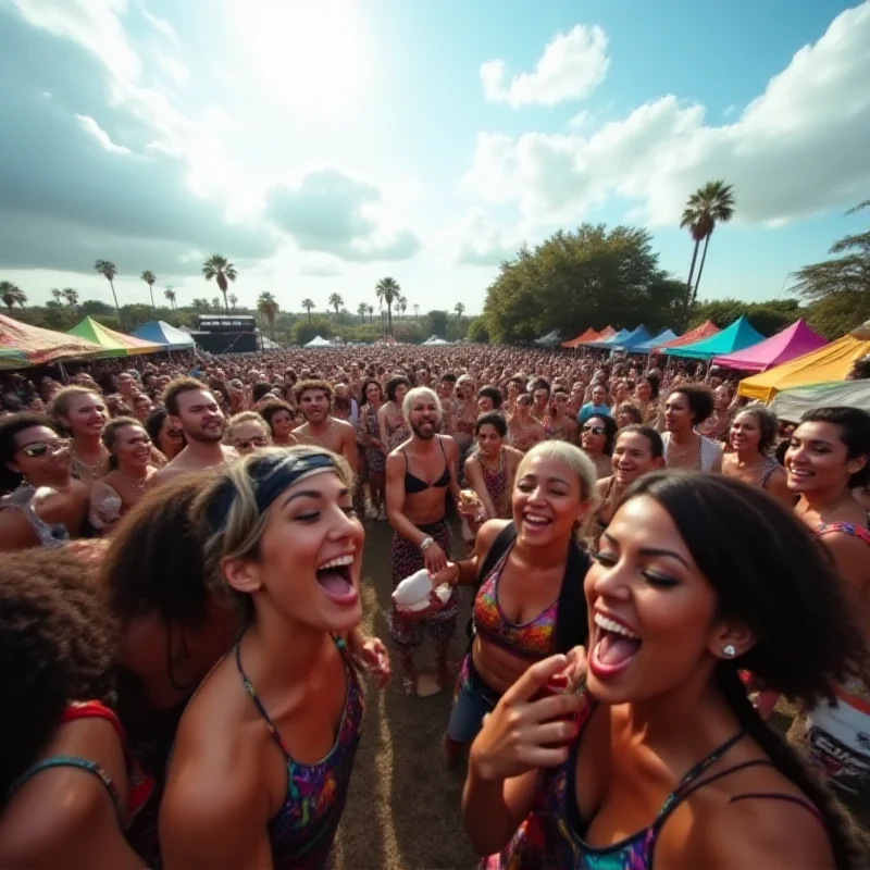 A diverse crowd of people enjoying music and activities at an outdoor festival.