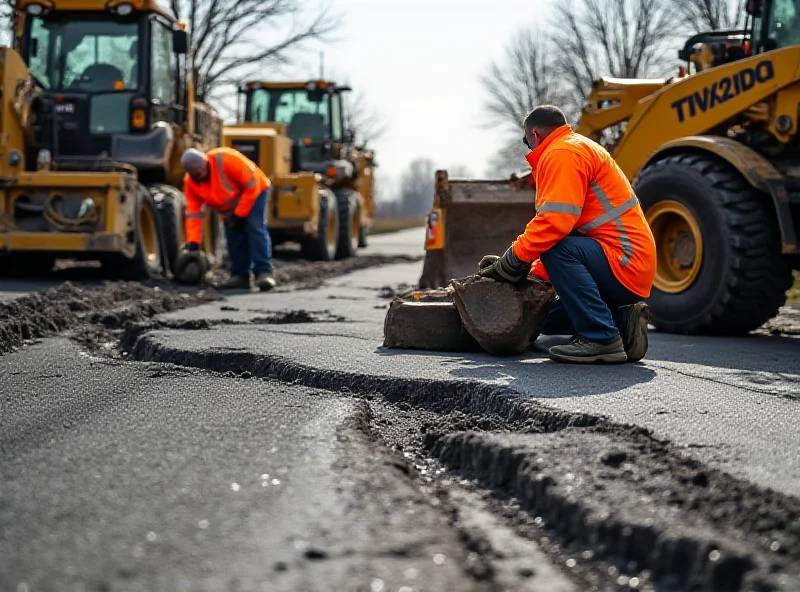 Road repair crew working on a cracked asphalt road with heavy machinery.