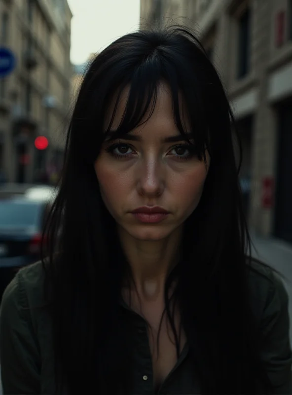 A digitally enhanced photo of a woman with dark hair and a concerned expression. The background is blurred and shows a street scene.