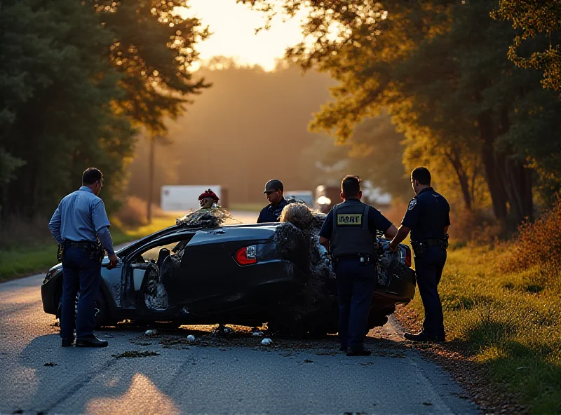 A damaged car lying on its roof next to a road. Emergency services are on the scene.