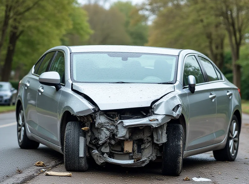 A damaged car after a collision, showing the impact point and surrounding area.