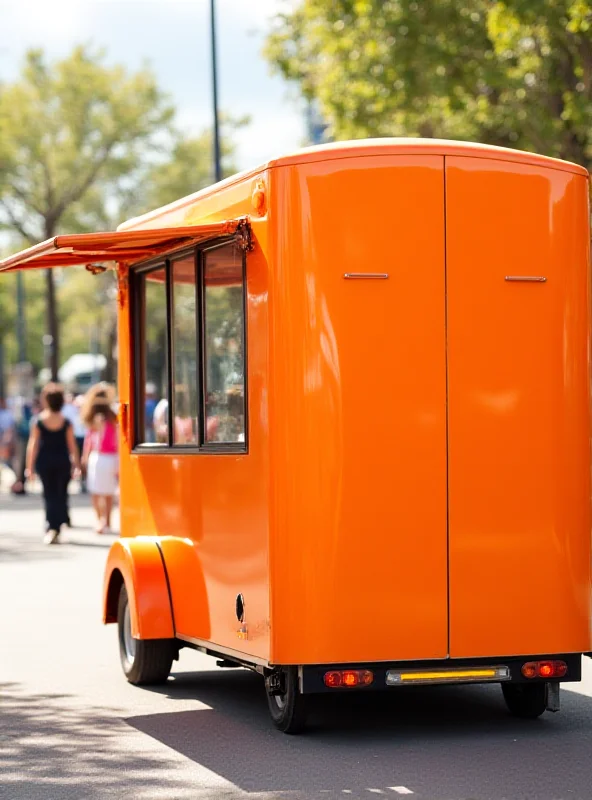 A bright orange food trailer parked on a street, possibly at a food market.