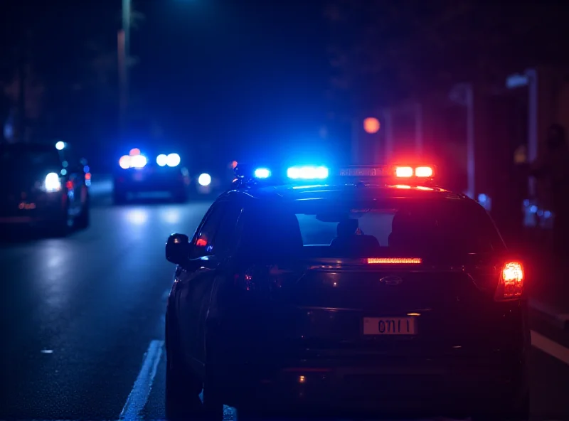 A police car with flashing lights at night, parked on a city street with other vehicles.