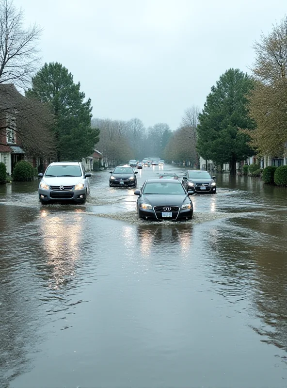 Flooded road with cars driving through it, houses in the background