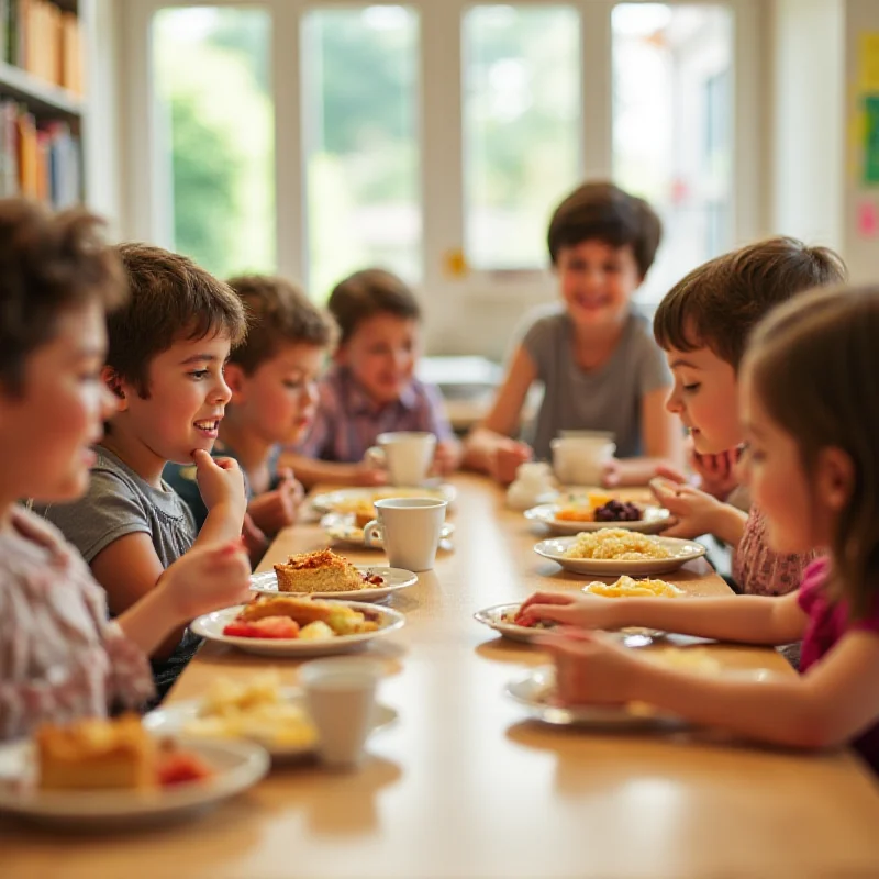 Children eating breakfast together at a school breakfast club, smiling and engaged