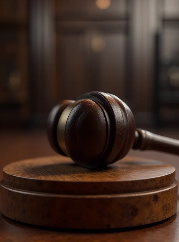 A gavel resting on a wooden block in a courtroom setting, symbolizing the justice system.