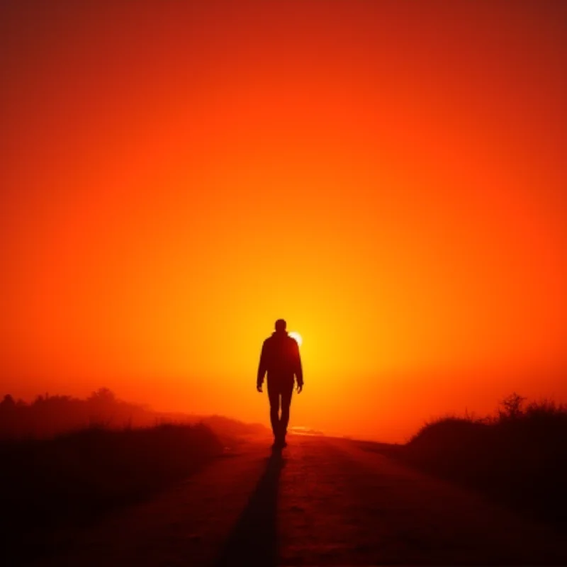 A silhouette of a person walking away into the horizon at sunset, symbolizing hope and a better future.