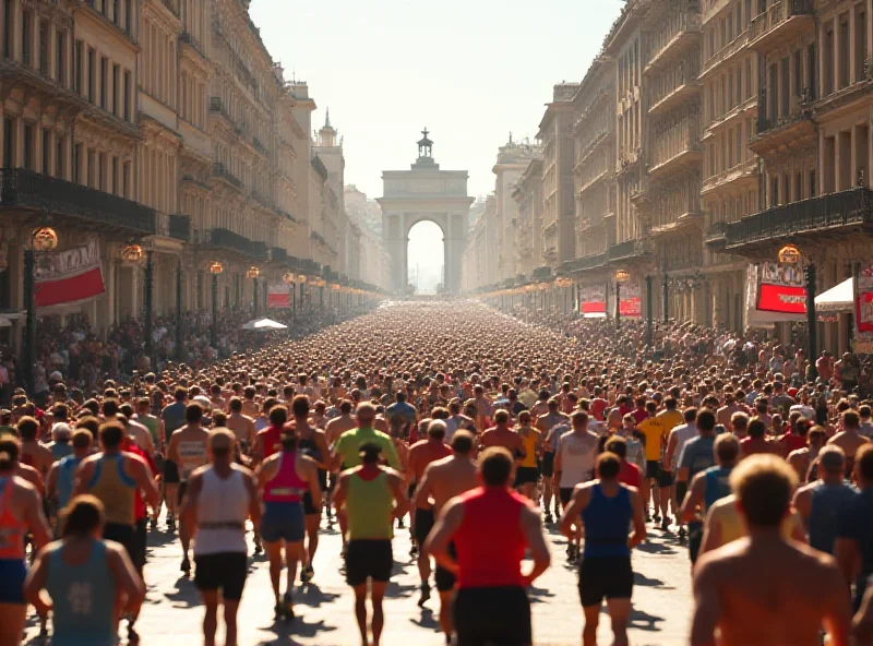 A crowded street during a marathon with runners and spectators.