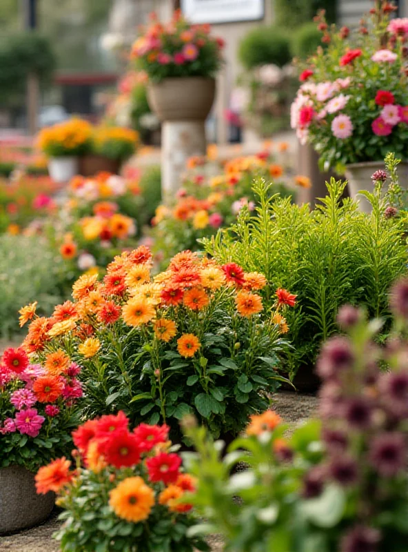 A colorful display of plants and flowers at a garden center.