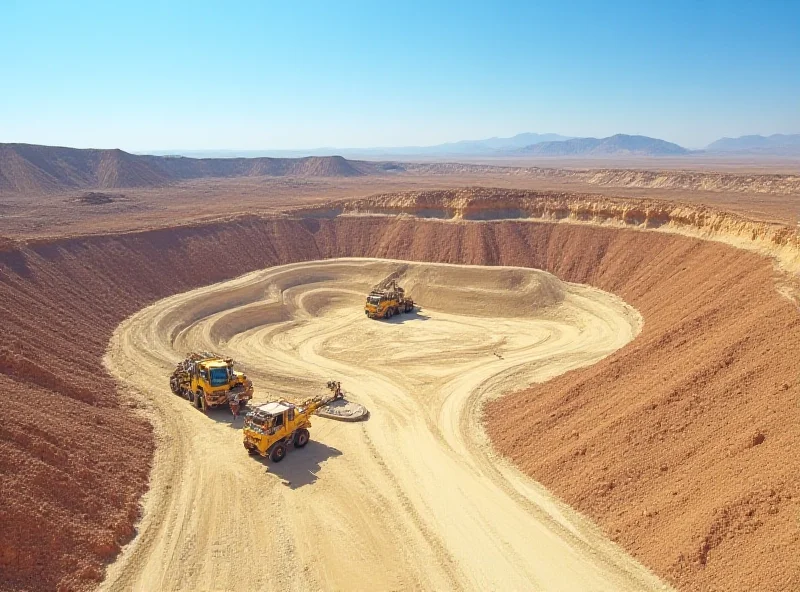 Aerial view of a uranium mine. The landscape is arid with large open-pit mines visible. Heavy machinery is actively mining the uranium ore. The sky is clear and blue.