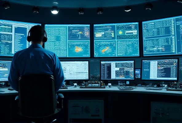 Interior view of a modern nuclear power plant control room. Operators monitor complex systems on large screens. The atmosphere is clean and technologically advanced.