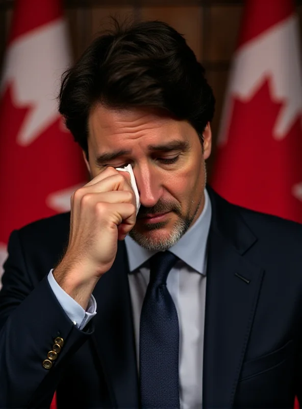 Justin Trudeau wiping his eyes at a press conference with a Canadian flag in the background.