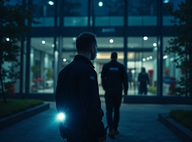 Security guard patrolling a commercial building at night.