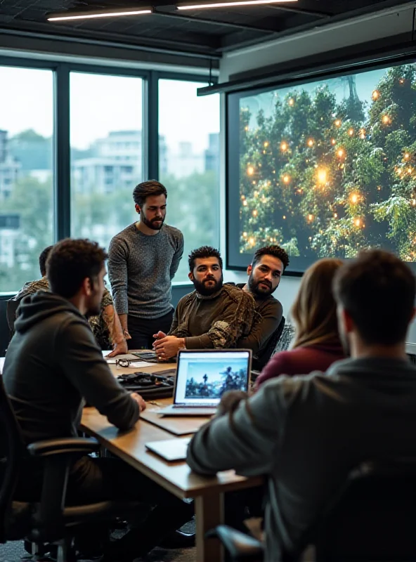 Diverse team of game developers collaborating in a modern office space.