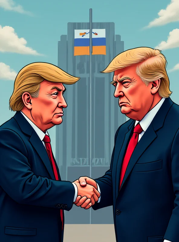 Digital illustration of Zelenskyy and Trump shaking hands awkwardly in front of NATO headquarters