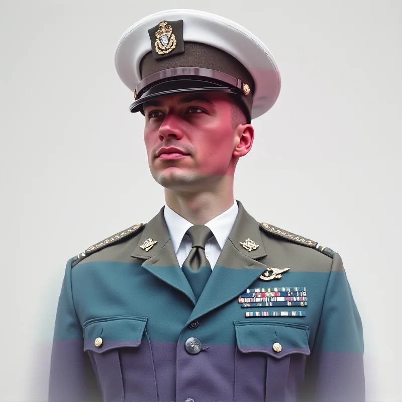 A collage showing a US military uniform blended with a transgender pride flag