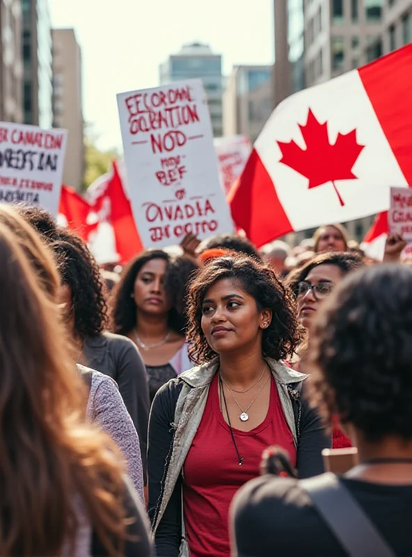 A diverse group of people gathered at a political rally, holding signs and banners