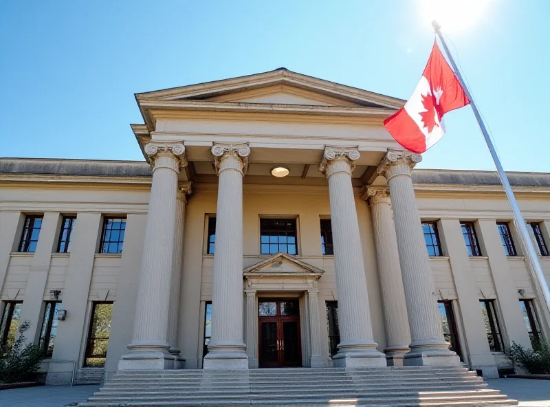 Exterior view of a courthouse with a Canadian flag waving in the wind