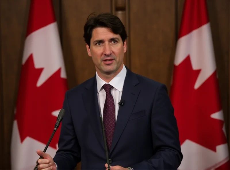 Justin Trudeau at a podium speaking to reporters.
