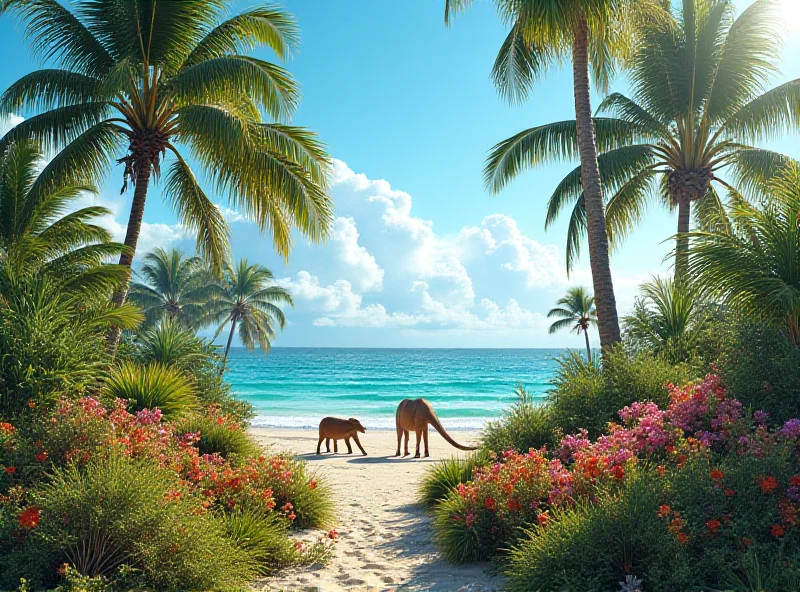 An artist's rendering of a lush, tropical landscape in subarctic Canada 48 million years ago, with palm trees and diverse vegetation.