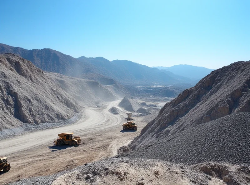 A panoramic view of a modern mine, showcasing excavation equipment and mining infrastructure against a backdrop of mountains and clear skies. 