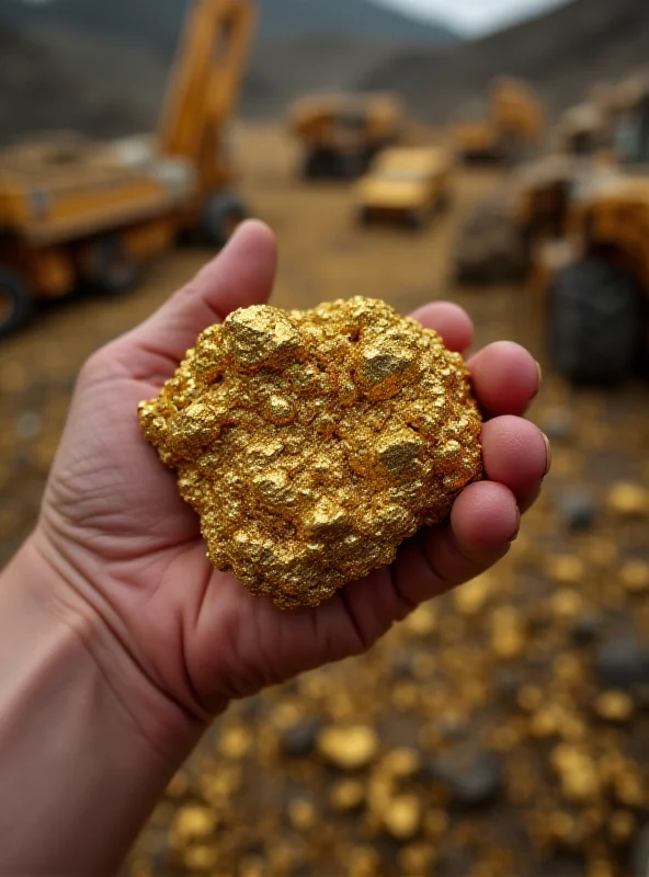 Close-up of a hand holding a sample of raw ore, possibly gold or a precious metal, with a blurred background of mining equipment.