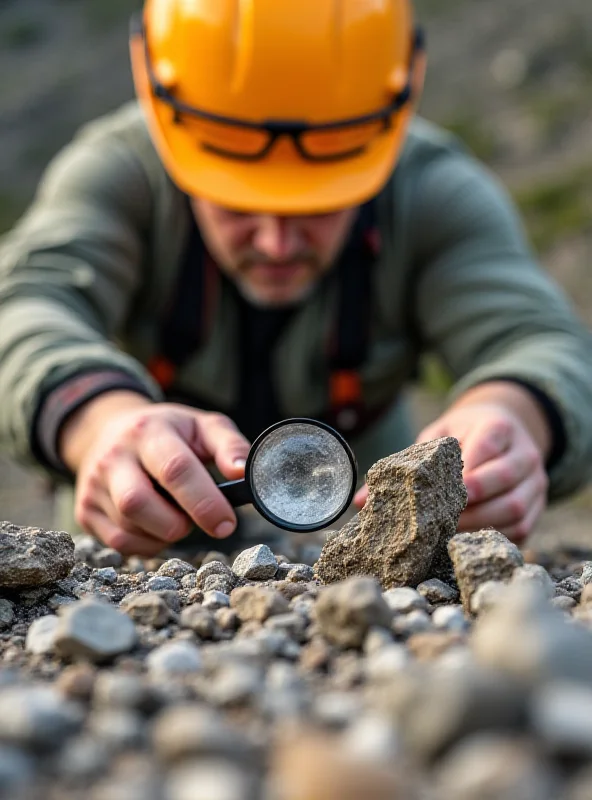 Close-up of a geologist examining rock samples