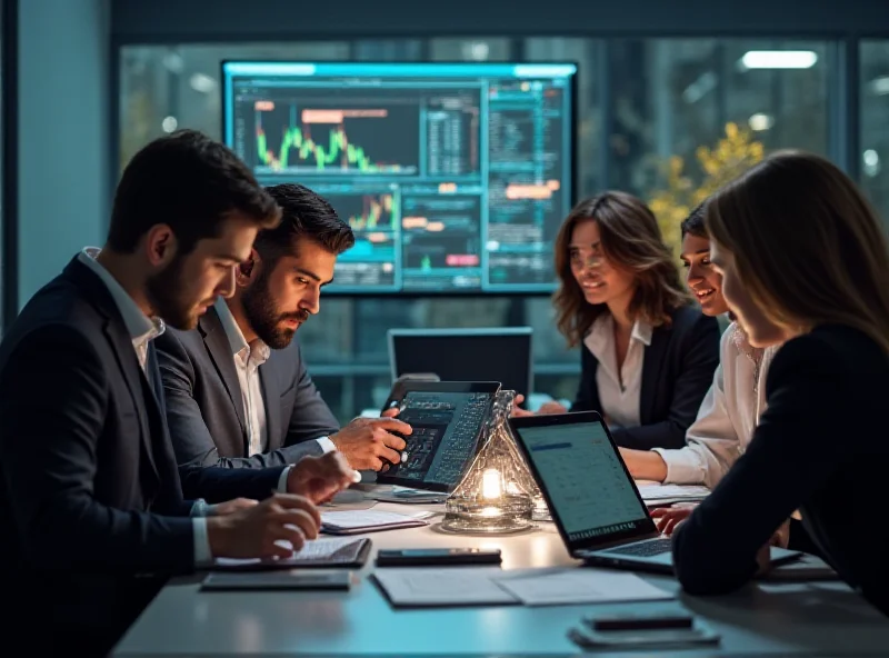 A diverse group of people collaborating around a table, analyzing stock market data on laptops and tablets.