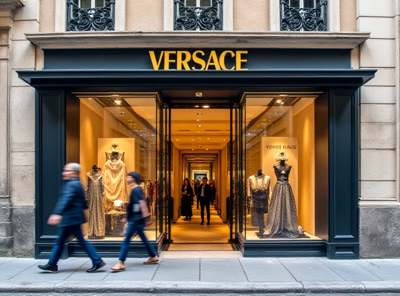 Exterior of a Versace store in Milan, Italy, with prominent Versace logo.